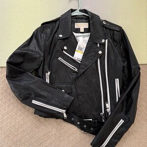 MICHAEL Michael Kors Black Leather Jacket with Silver Details
